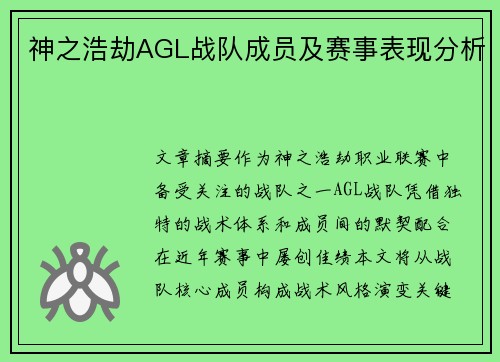 神之浩劫AGL战队成员及赛事表现分析