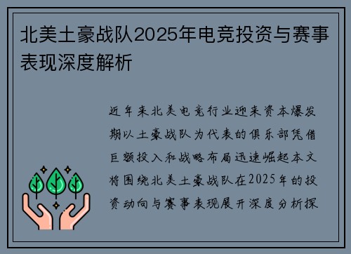 北美土豪战队2025年电竞投资与赛事表现深度解析